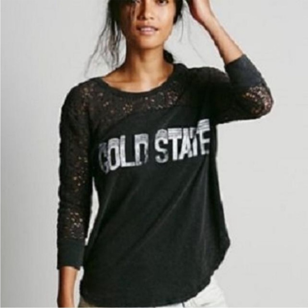 Free‎ People Gold State Graphic Crochet Top Black